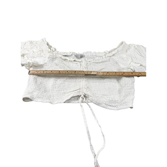 White Love Tree Ruched Crop Top With Short Ruffle Sleeves L - Picture 8 of 8